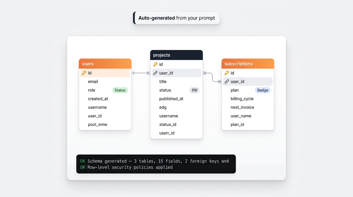 Autonomous relational database schema generated from prompt showing users, projects, and subscriptions tables with foreign keys and security policies