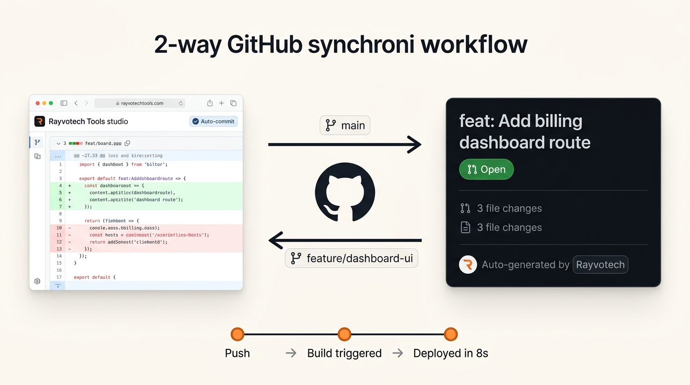 Two-way GitHub synchronization workflow diagram with automatic git commits, pull requests, and automated deployment pipeline