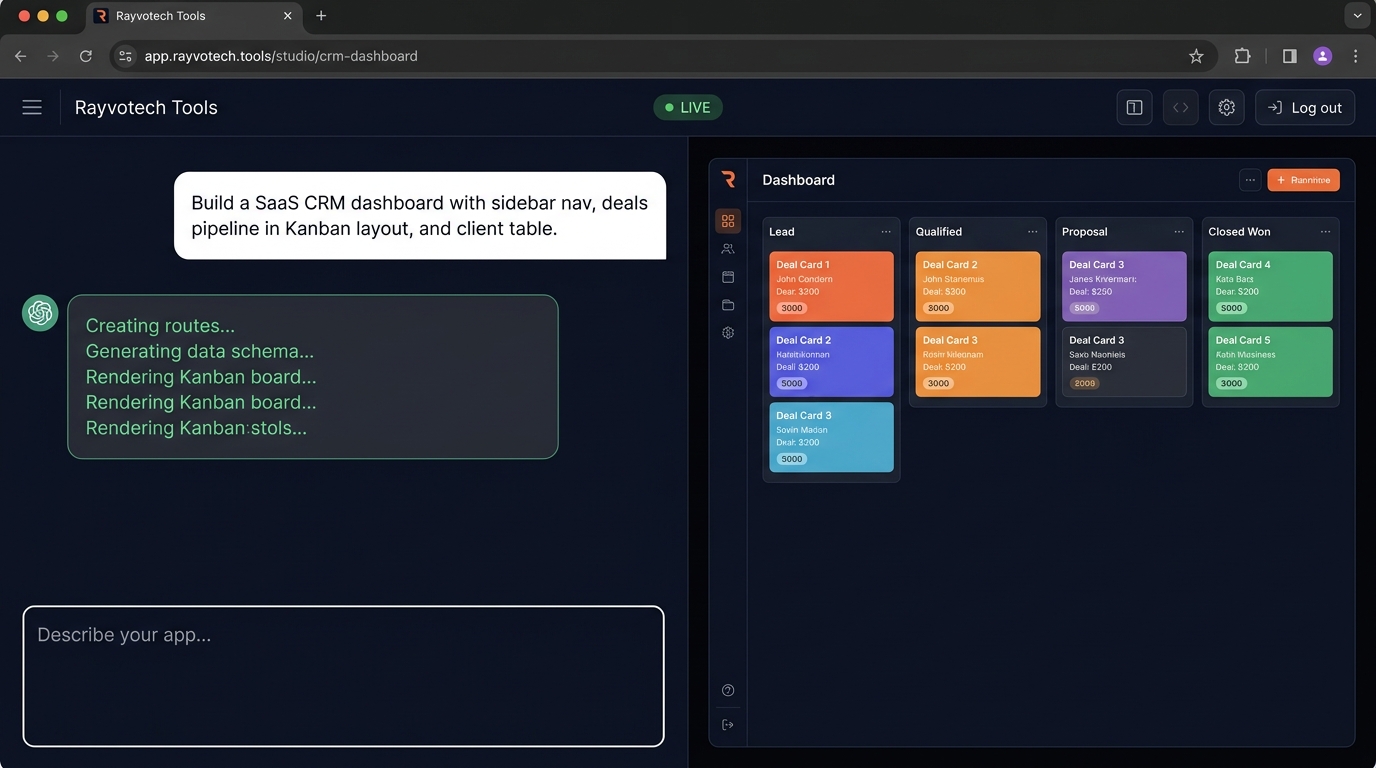 Rayvotech Tools AI Studio showing a live CRM Kanban dashboard being generated in real time from a single text prompt