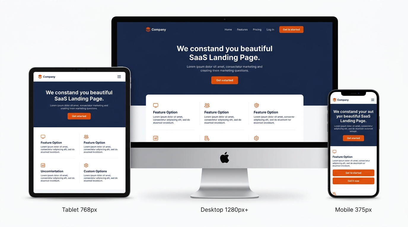 Multi-device responsive viewport preview across Desktop (1280px+), Tablet (768px), and Mobile (375px) breakpoints